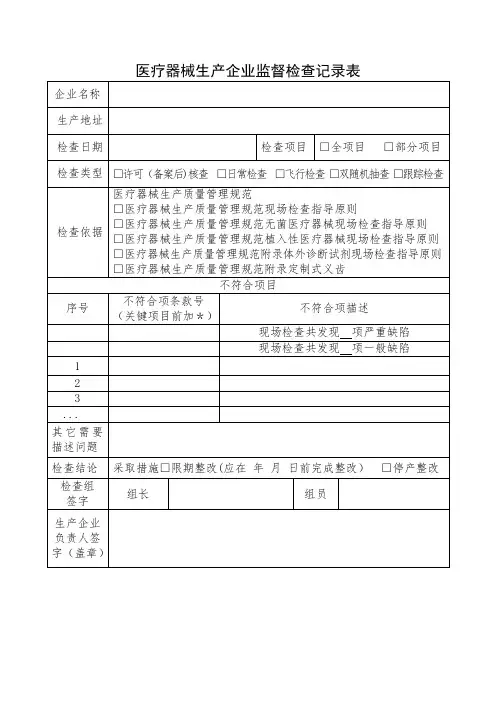 医疗器械生产企业监督检查记录表