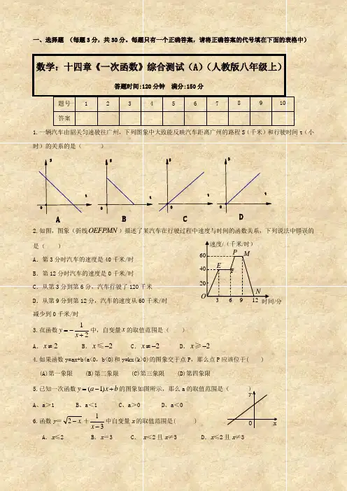 数学：十四章《一次函数》综合测试(A)(人教版八年级上)