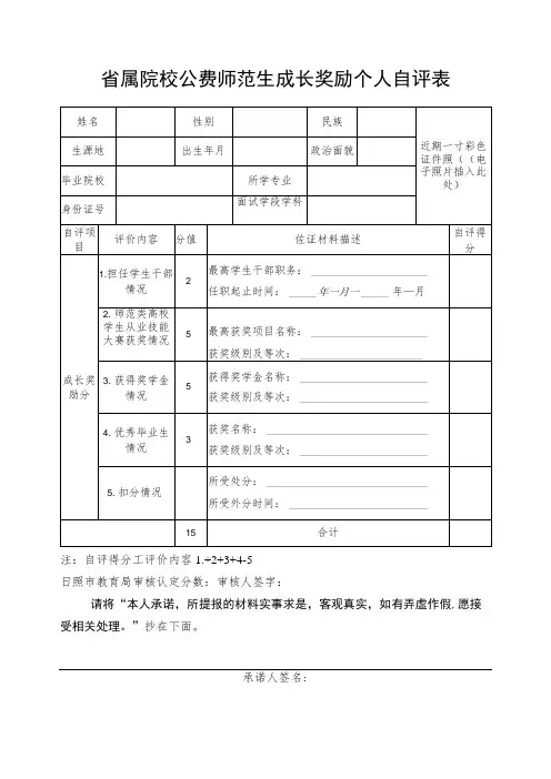 省属院校公费师范生成长奖励个人自评表