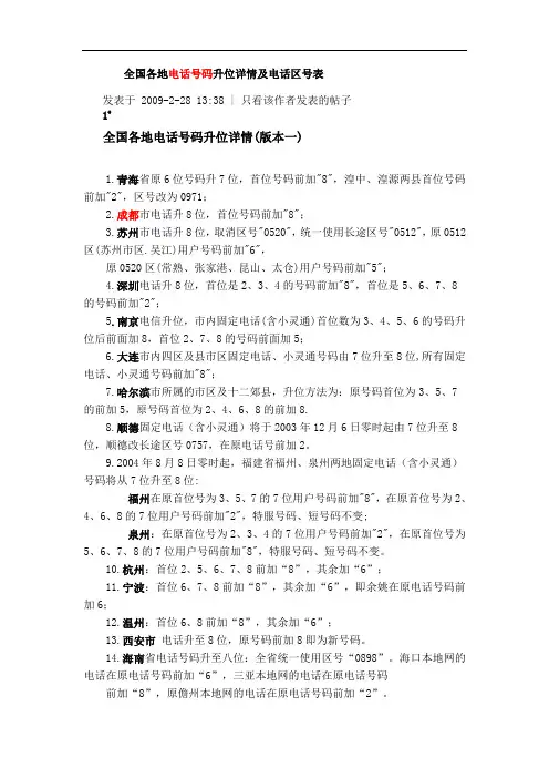 全国各地电话号码升位详情及电话区号表