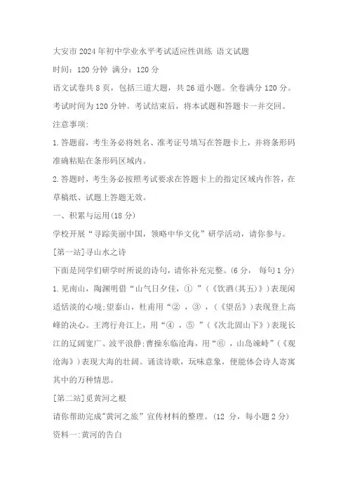 吉林省大安市2024年初中学业水平考试适应性训练 语文试题 (含答案)