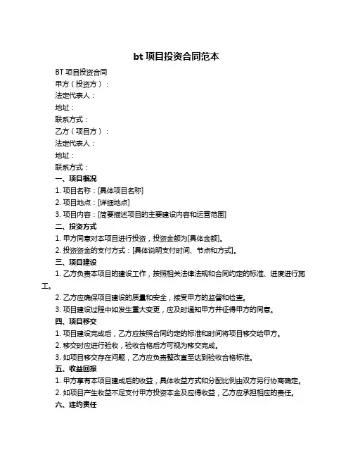 bt项目投资合同范本