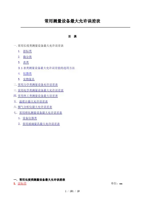 常用测量设备最大允许误差表