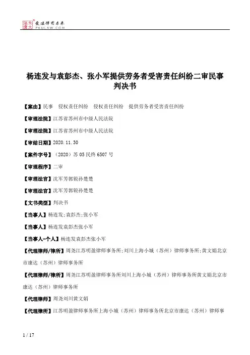 杨连发与袁彭杰、张小军提供劳务者受害责任纠纷二审民事判决书