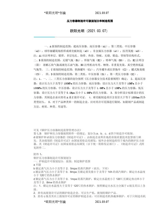 2021年压力容器制造许可级别划分和制造范围