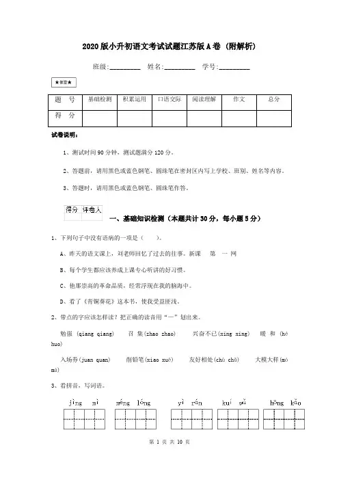 2020版小升初语文考试试题江苏版A卷 (附解析)