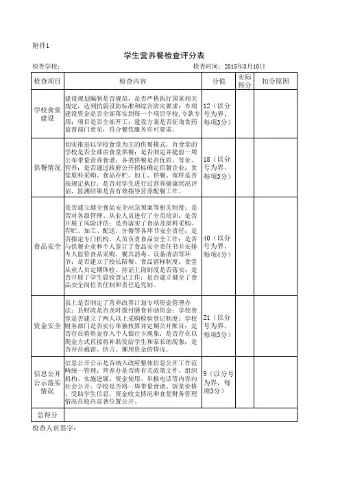 学生营养餐检查评分表