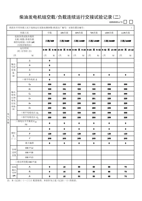 柴油发电机空载试运行和负荷试运行记录二