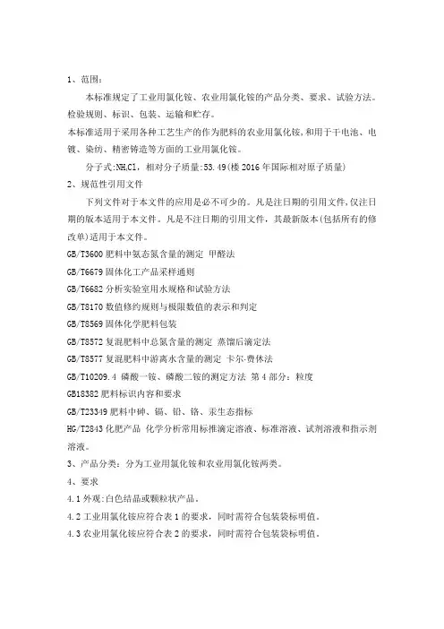 氯化铵产品质量标准
