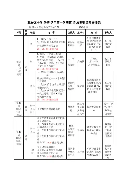 越秀区中学2018学年第一学期第15周教研活动安排表.doc