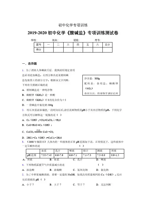 2019-2020学年初中化学《酸碱盐》专项训练模拟测试(含答案) (241)