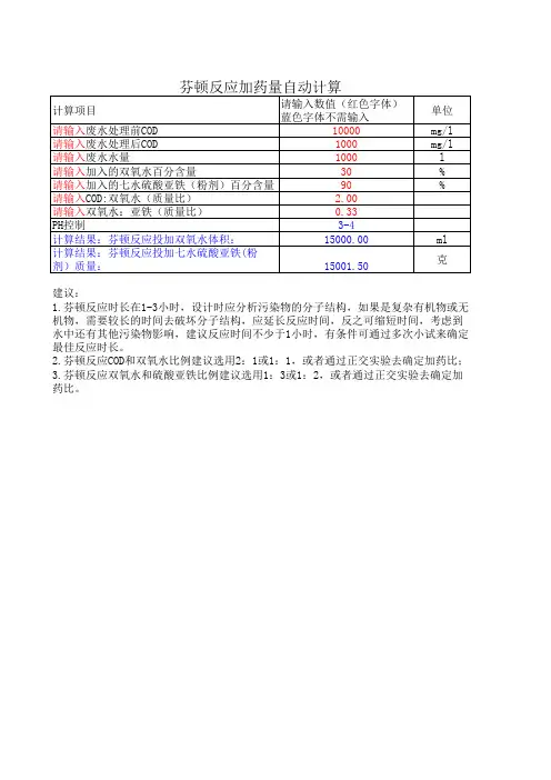 芬顿反应加药量自动计算