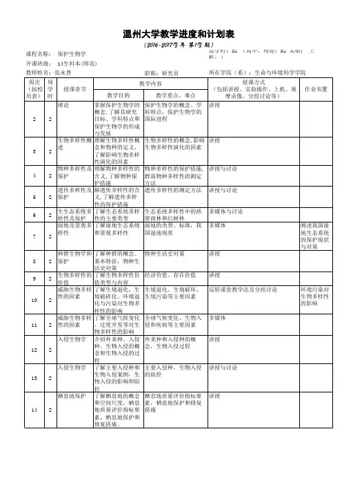 保护生物学教学进度和计划表