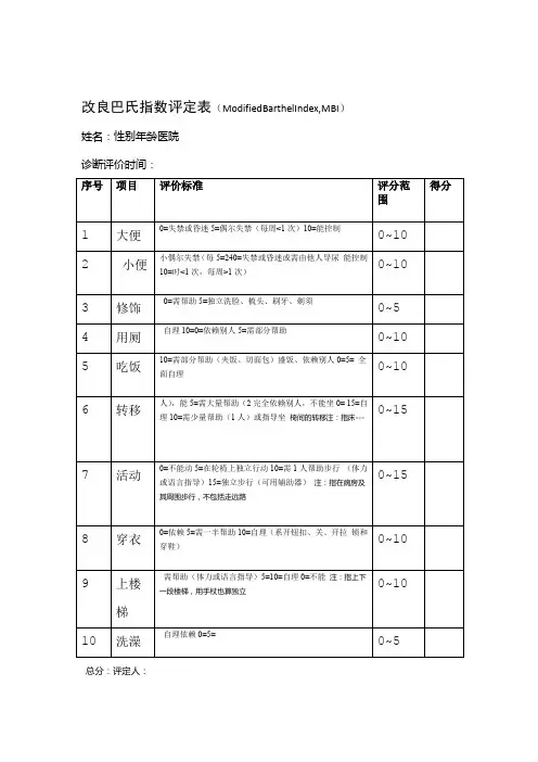 改良巴氏指数评定表