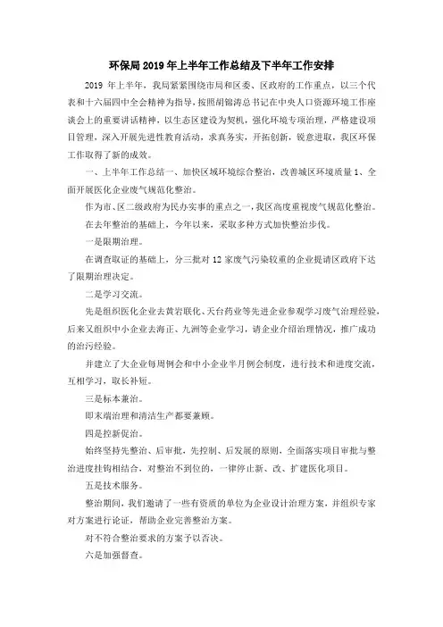 报告总结-环保局2019年上半年工作总结及下半年工作安排 精品