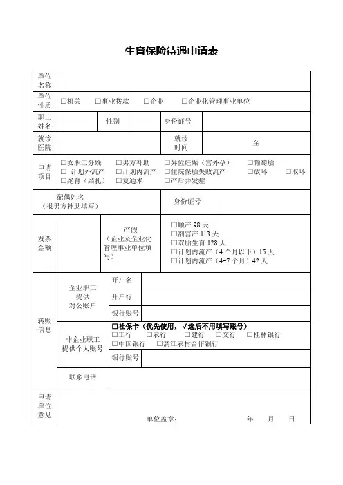 生育保险待遇申请表(单位女职工管理台账)