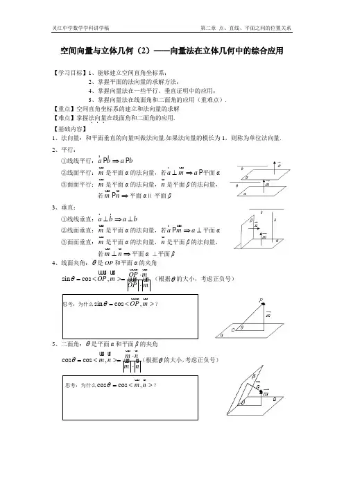 空间向量与立体几何(2)——向量法在立体几何中的综合应用