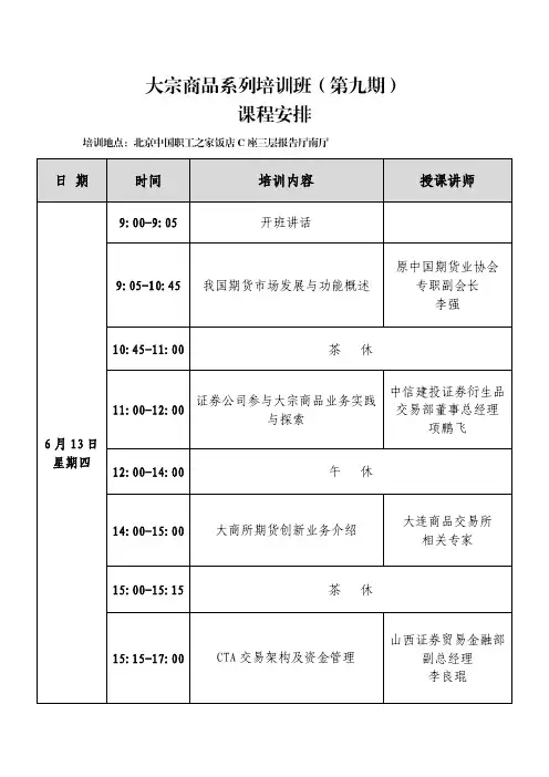 大宗商品系列培训班(第九期)课程安排