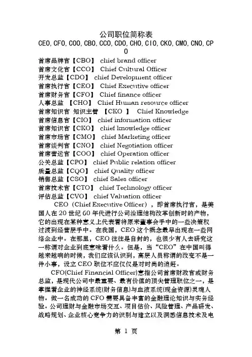 公司职位简称表CEOCFOCOOCBOCCOCDOCHOCIOCKOCMOCNOCPO
