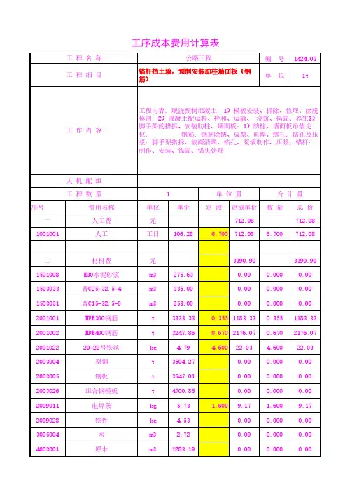 锚杆挡土墙,预制安装肋柱墙面板(钢筋)工序成本单价20年3月