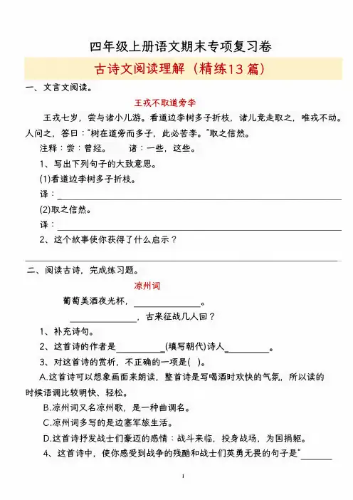 四上语文期末专项复习卷—古诗文阅读理解(精练13篇)