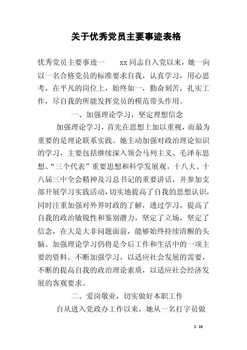 关于优秀党员主要事迹表格
