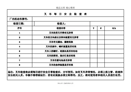叉车每日安全检查表