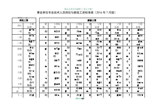 事业单位专业技术人员岗位与薪级工资标准表