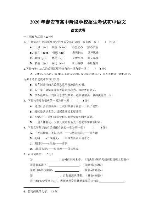 2020年泰安市高中阶段学校招生考试初中语文