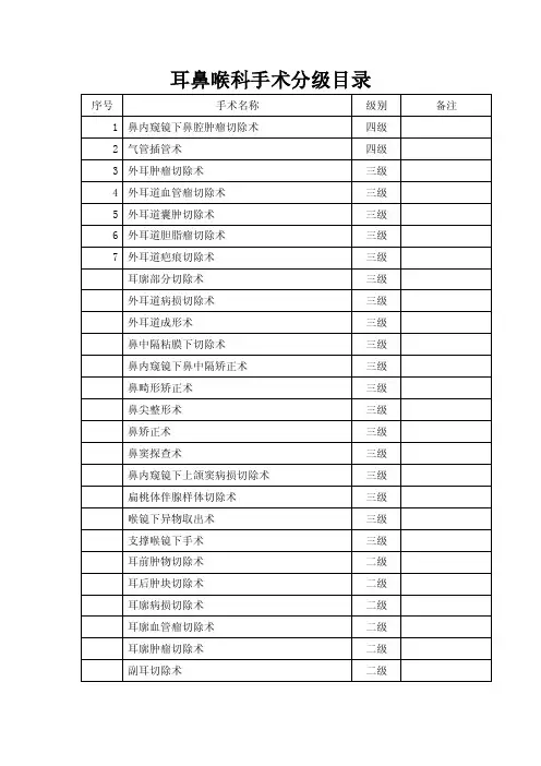 耳鼻喉科手术分级目录
