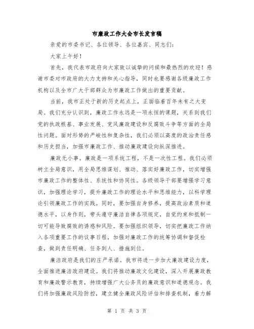 市廉政工作大会市长发言稿