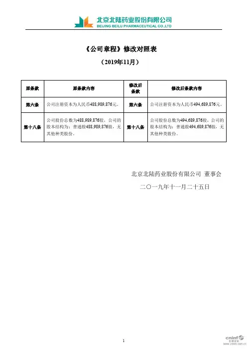 《公司章程》修改对照表