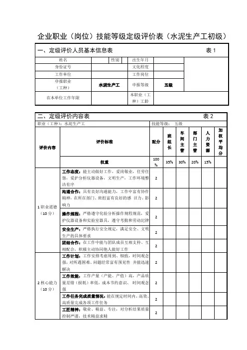 企业职业(岗位)技能等级定级评价表(水泥生产工五级)