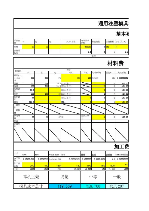 注塑模具简易报价表