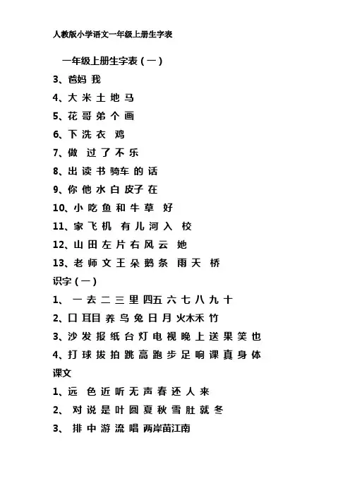 人教版一年级上册生字表