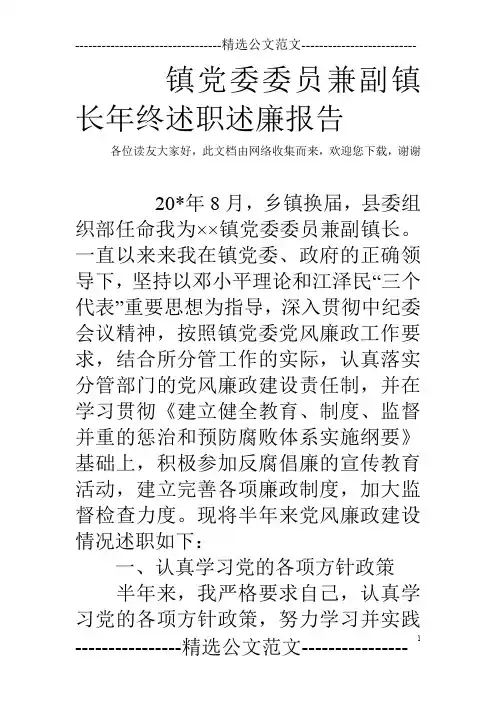 镇党委委员兼副镇长年终述职述廉报告