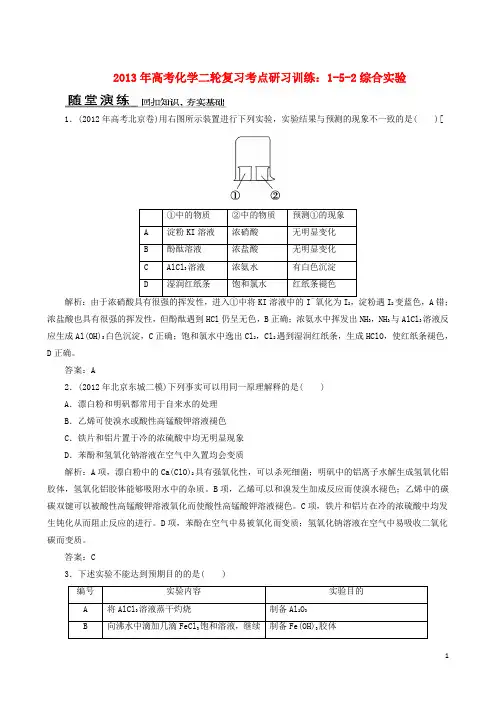 2013年高考化学二轮复习 考点研习训练 1-5-2综合实验