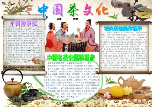 中国茶文化小学生电子小报成品,简报报刊手抄报模板,画报剪报板报样板茶道传统文化A4