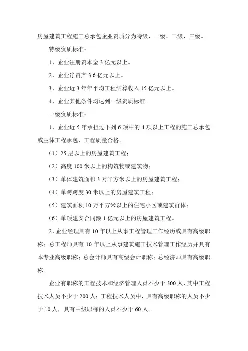 房屋建筑工程施工总承包企业资质标准(特级、一级、二级、三级)