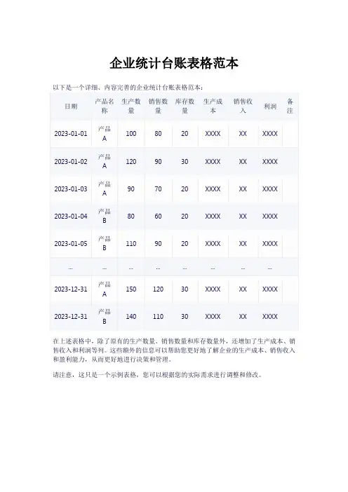 企业统计台账表格范本