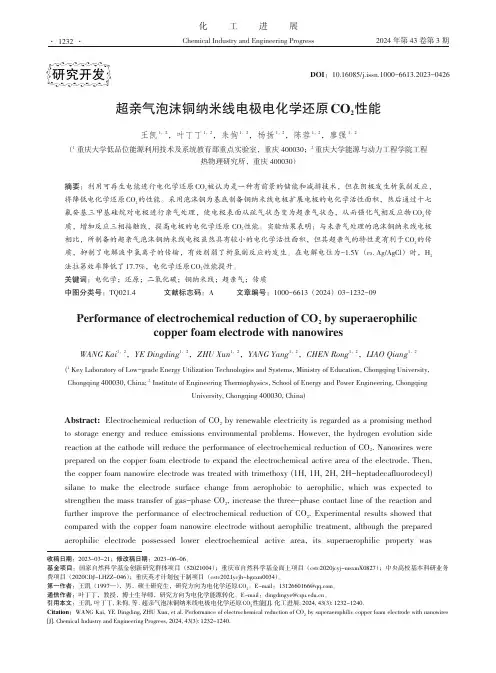 超亲气泡沫铜纳米线电极电化学还原CO2性能