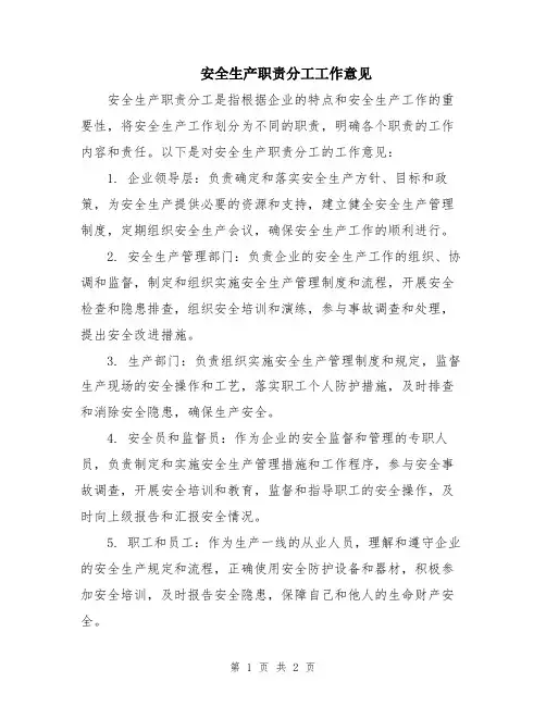 安全生产职责分工工作意见