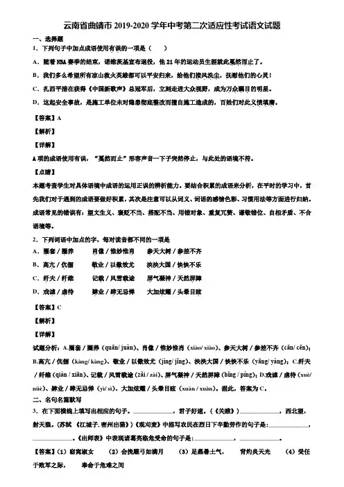 云南省曲靖市2019-2020学年中考第二次适应性考试语文试题含解析