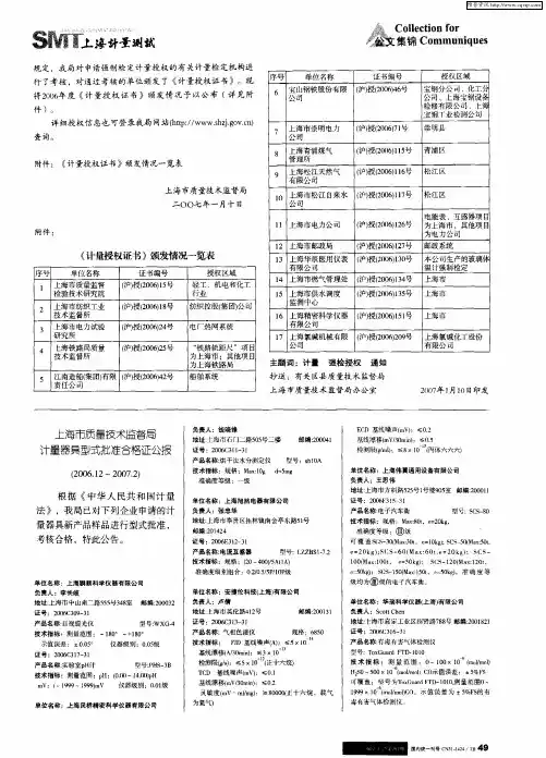 上海市质量技术监督局计量器具型式批准合格证公报