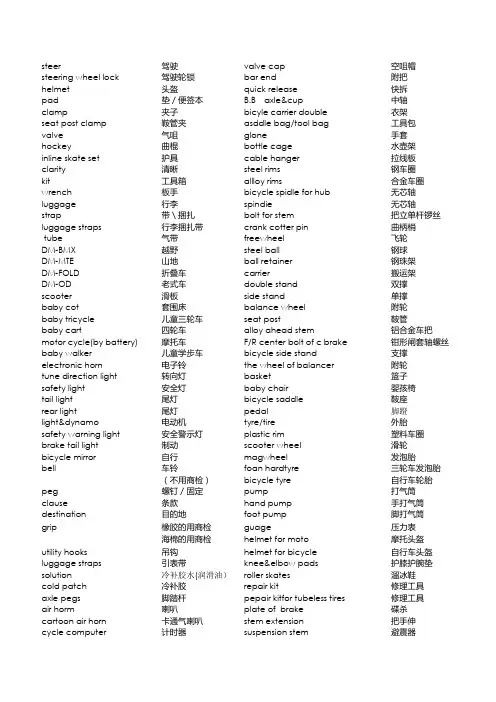 自行车配件中英文对照
