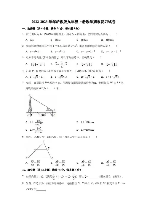 2022-2023学年沪教版(上海)九年级第一学期数学期末复习试卷 (含答案)