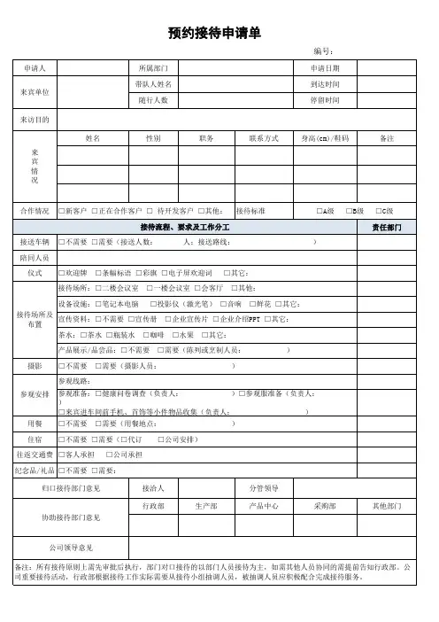 公司客户接待预约接待安排申请审批表
