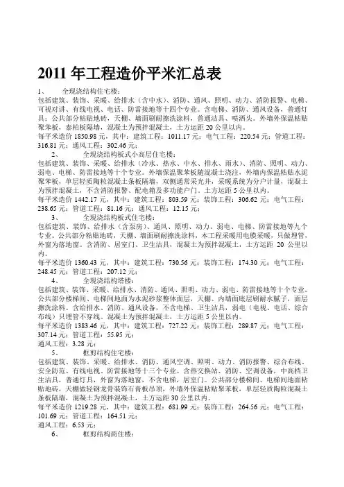 2012年建筑工程造价平米汇总表及计算方法