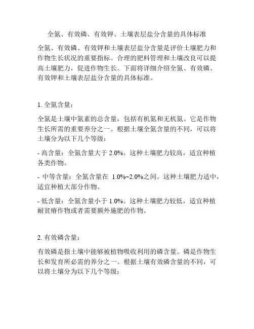 全氮、有效磷、有效钾、土壤表层盐分含量的具体标准