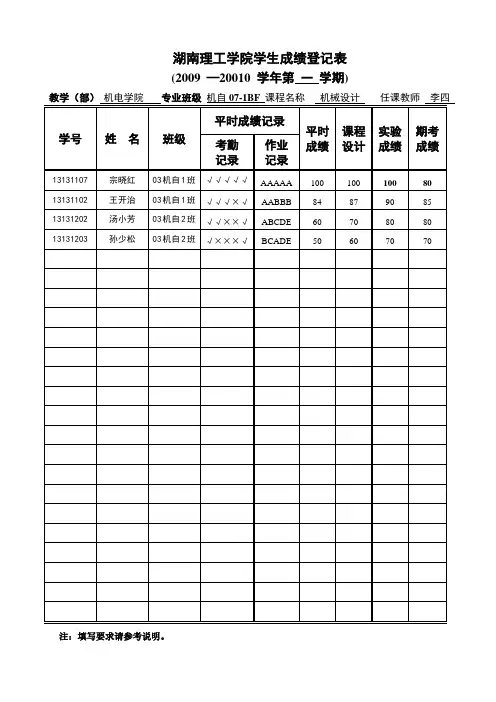 湖南理工学院学生成绩登记表